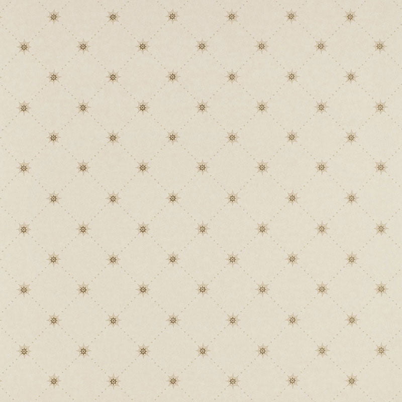 Cream wallpaper with tiny brown star motifs forming a diamond lattice pattern.