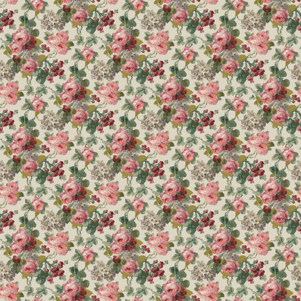 Beige fabric with dense pink roses and green leaves in a vintage botanical floral repeating pattern.