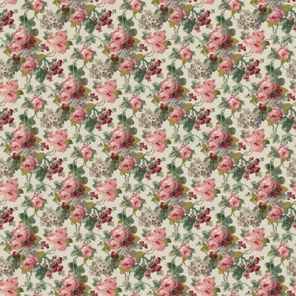 Beige fabric with dense pink roses and green leaves in a vintage botanical floral repeating pattern.