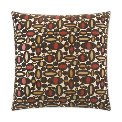 Square decorative throw pillow with retro oval and circle pattern in black, brown, tan, olive and red on cream background.