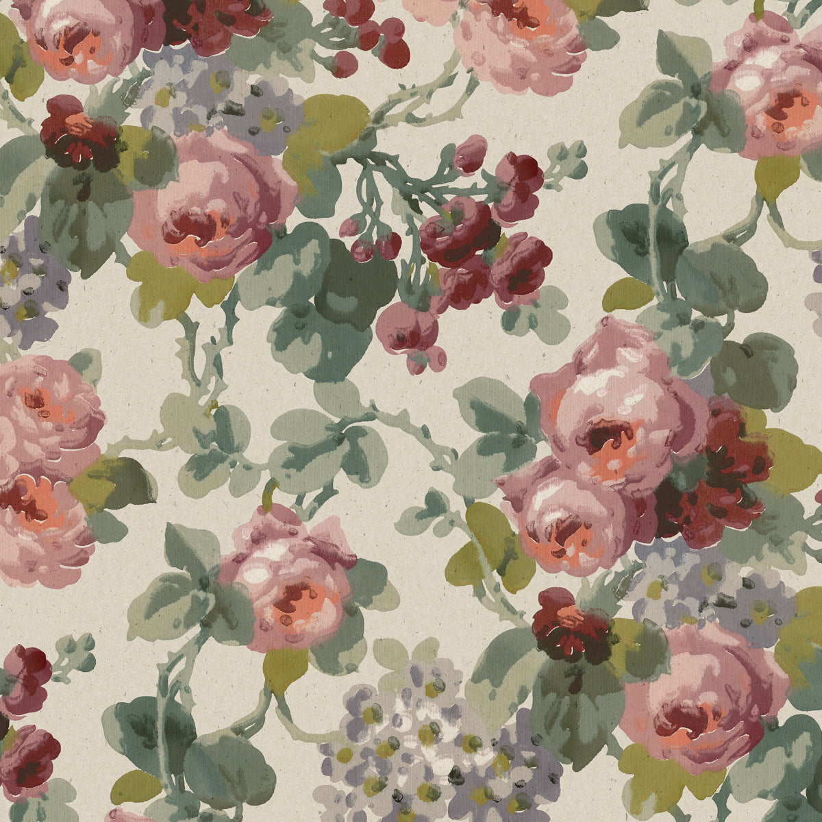 Watercolor floral print on cream fabric with pink roses, burgundy blooms and green leaves.