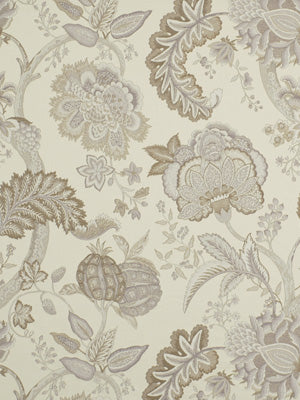 Beige damask floral upholstery fabric in cream and taupe tones, ornamental botanical pattern.