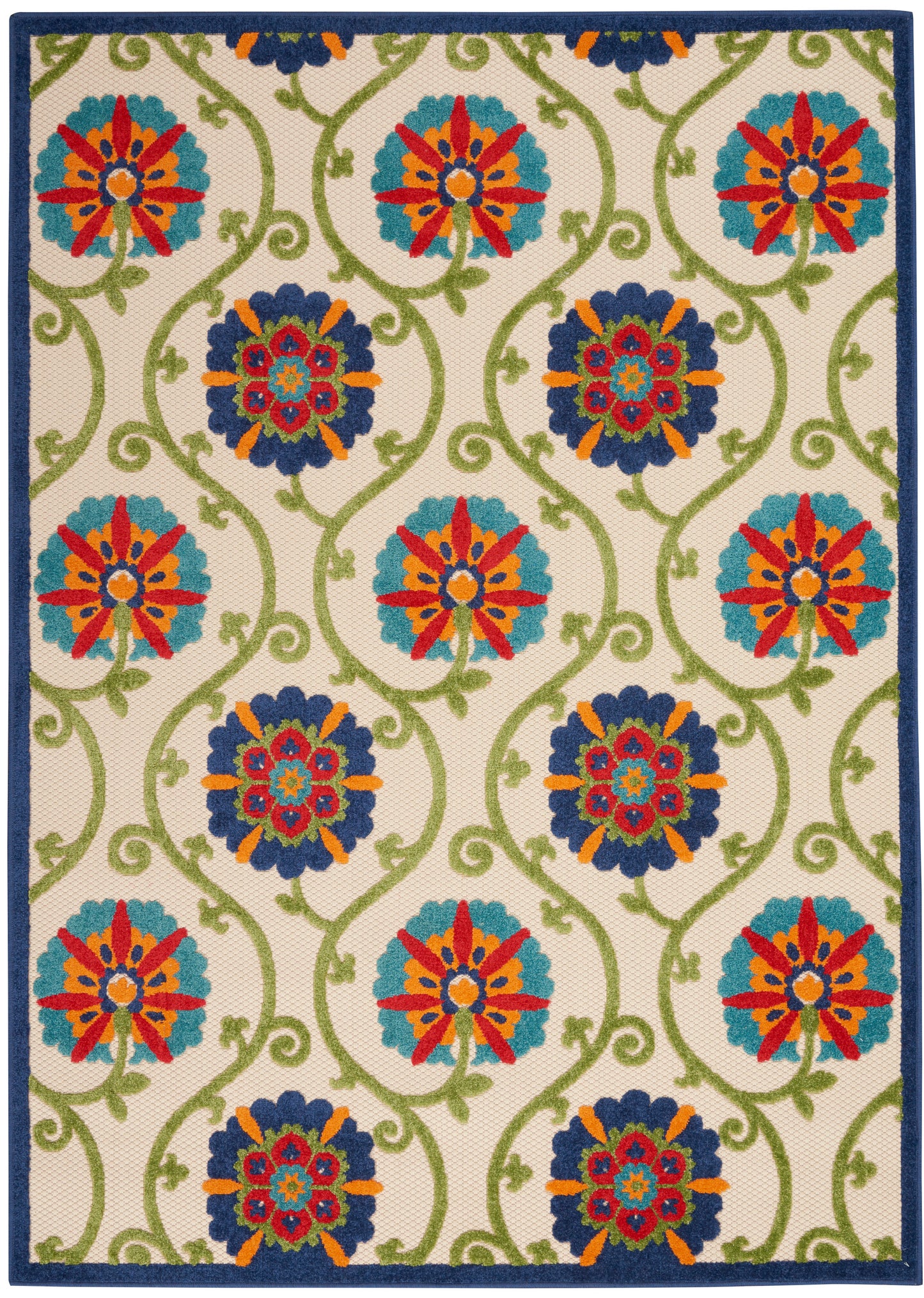 Rectangular rug with cream background, repeating teal and orange-red floral medallions on green vines, dark blue border.