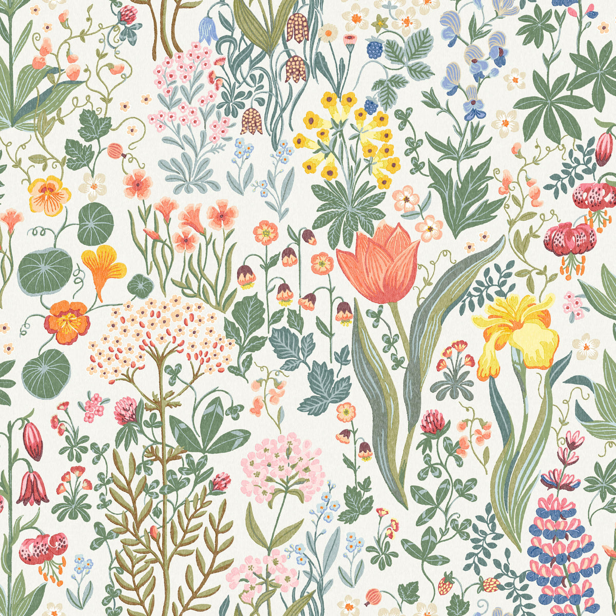 Botanical floral pattern with pastel greens, pinks, yellows and oranges; hand-drawn garden motif for fabric or wallpaper.