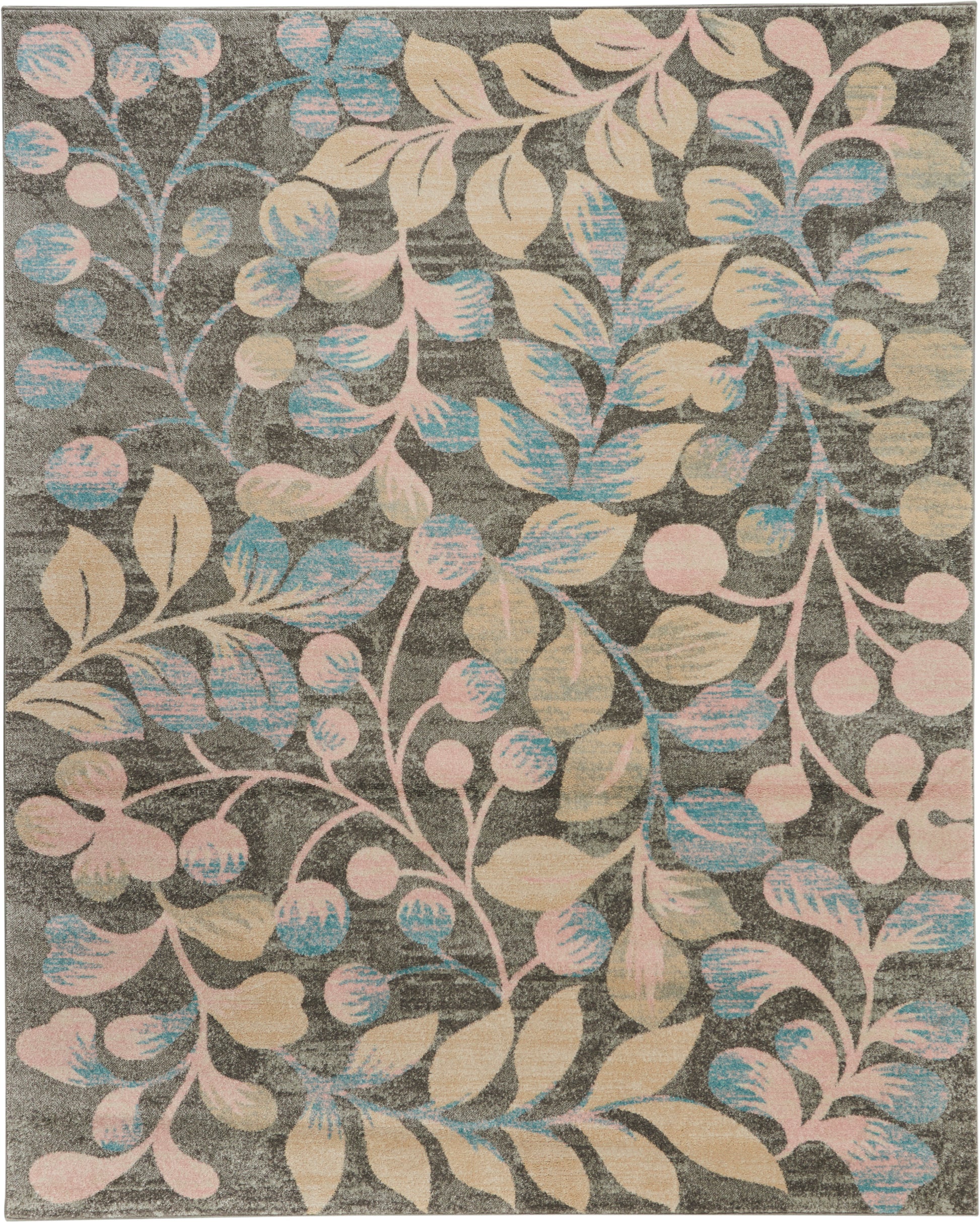 Pastel floral patterned rug with pink, blue and beige vines on a charcoal gray background.