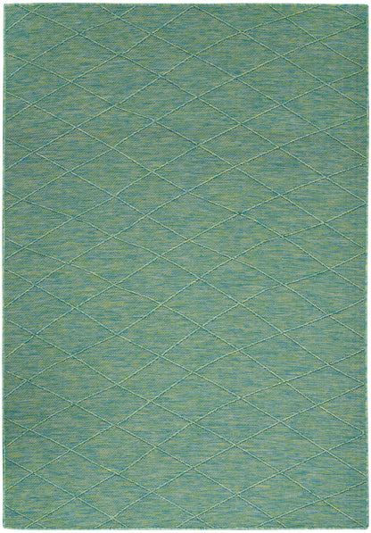 Teal-green area rug with pale yellow diamond lattice quilting, woven texture, rectangular decorative floor rug.