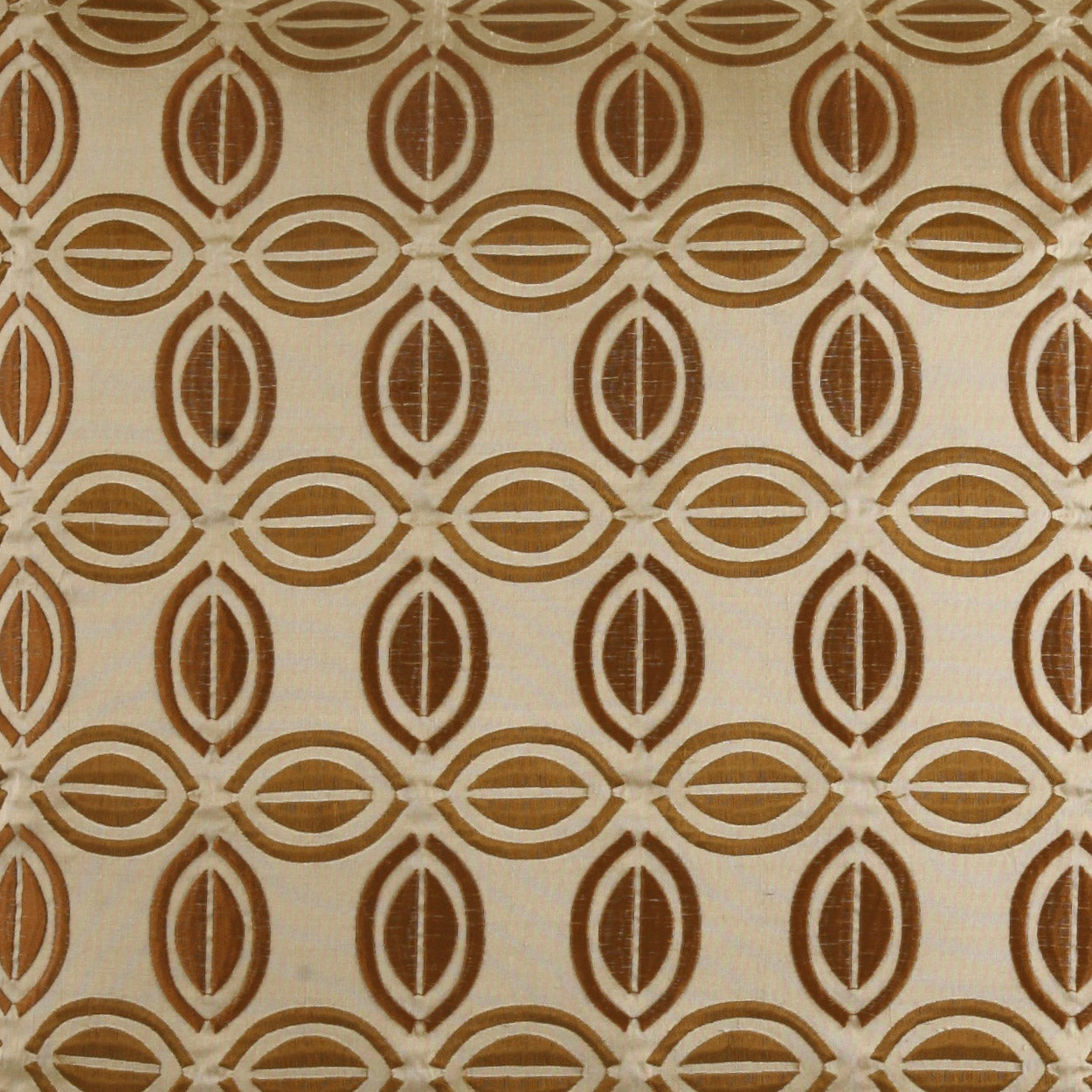 Brown and tan geometric oval lattice fabric; retro mid-century motif on beige background, ideal for upholstery.