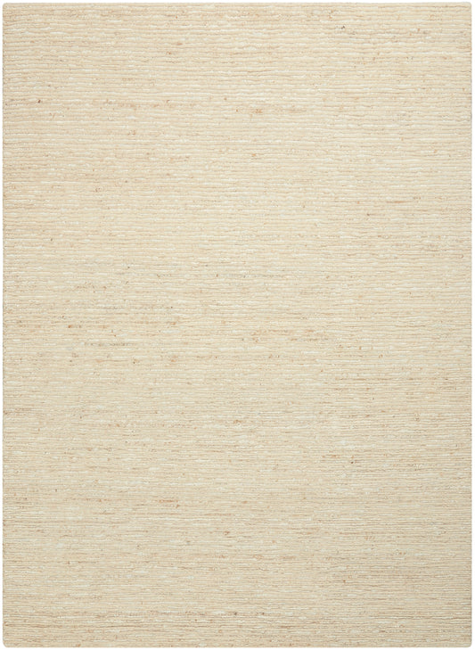 Cream-beige flat-weave rug with fine horizontal ribbing and soft woven texture.