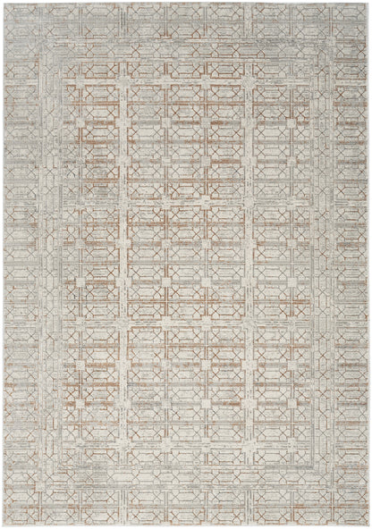 Neutral area rug with geometric lattice pattern in gray and beige; woven texture, rectangular, modern living room.