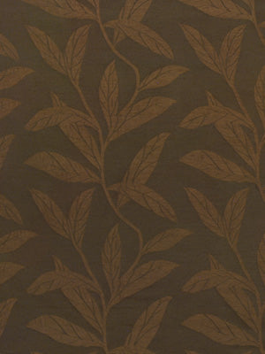 Dark brown wallpaper with tan botanical leaves and branches in a subtle vintage pattern.