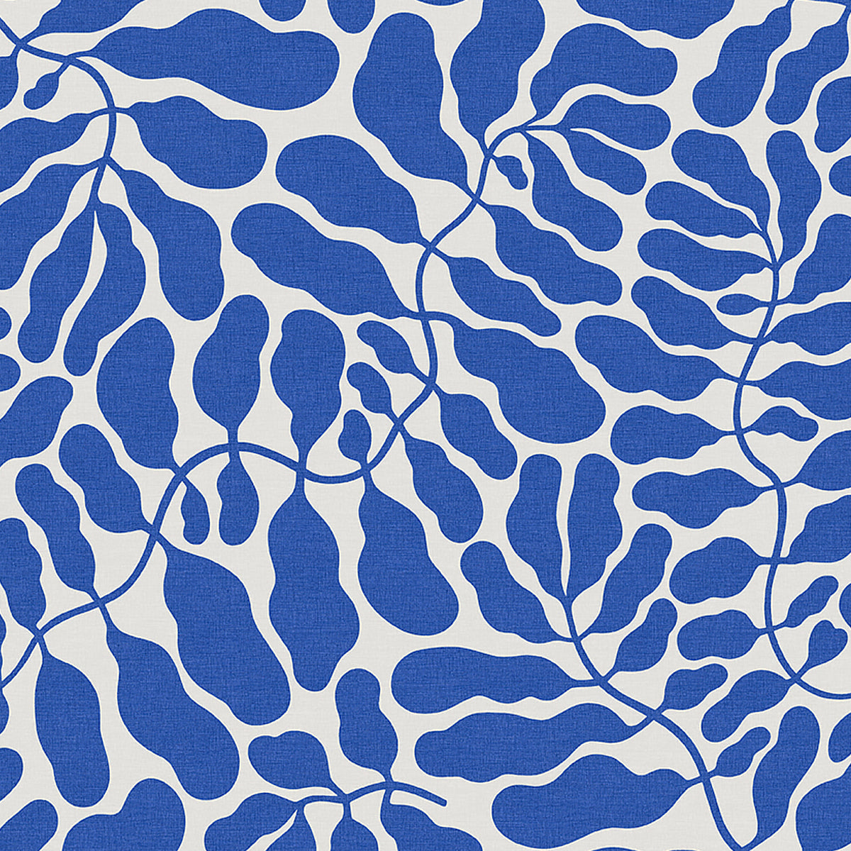 Blue abstract leaf-like shapes with vine-like lines on white fabric; contemporary textile pattern for upholstery or drapery.