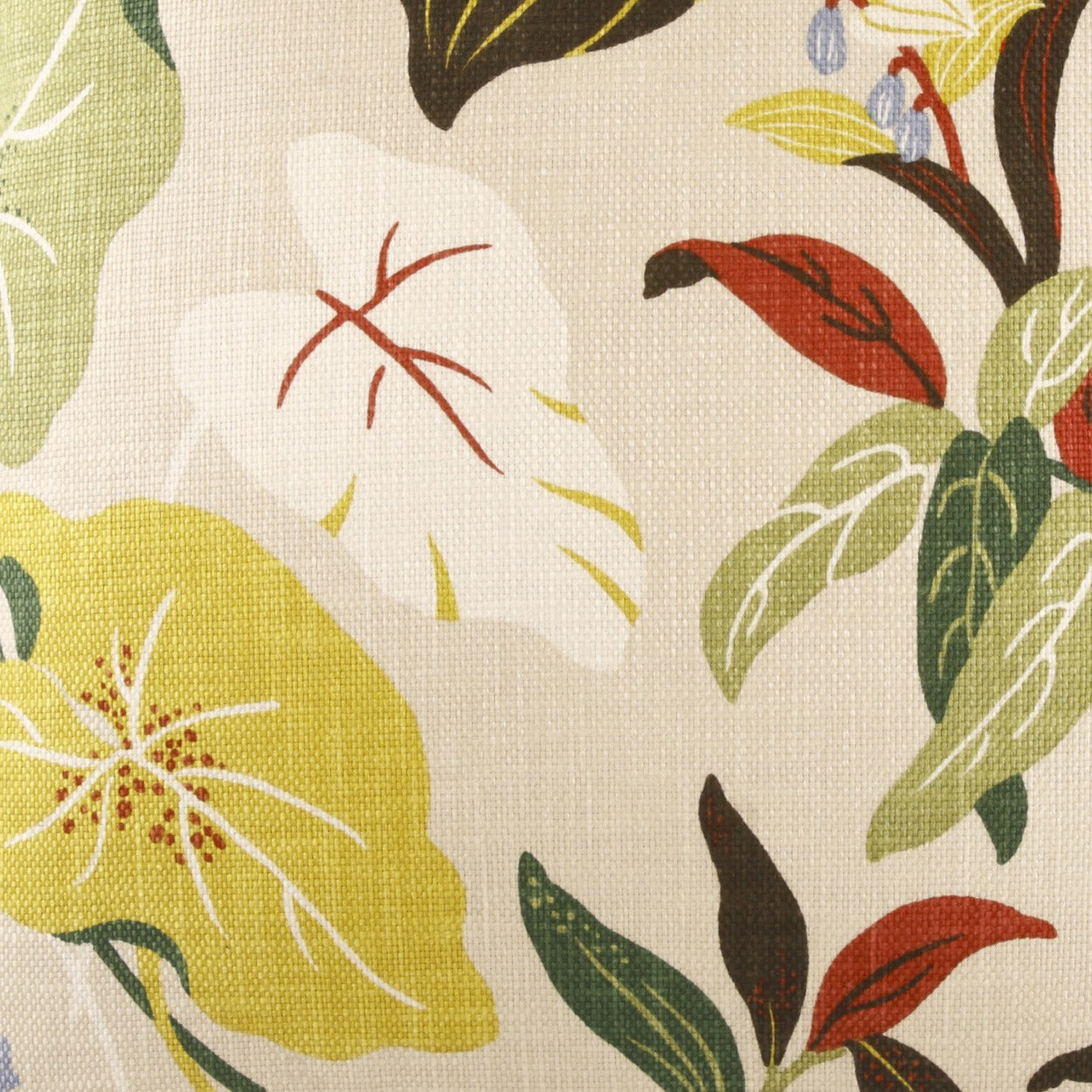 Beige linen-like fabric with tropical floral print: large white and yellow flowers with green and red leaves.