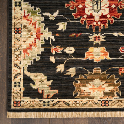 Dark oriental rug with multicolor floral medallions on black, ivory border, beige fringe - Persian-inspired area rug.