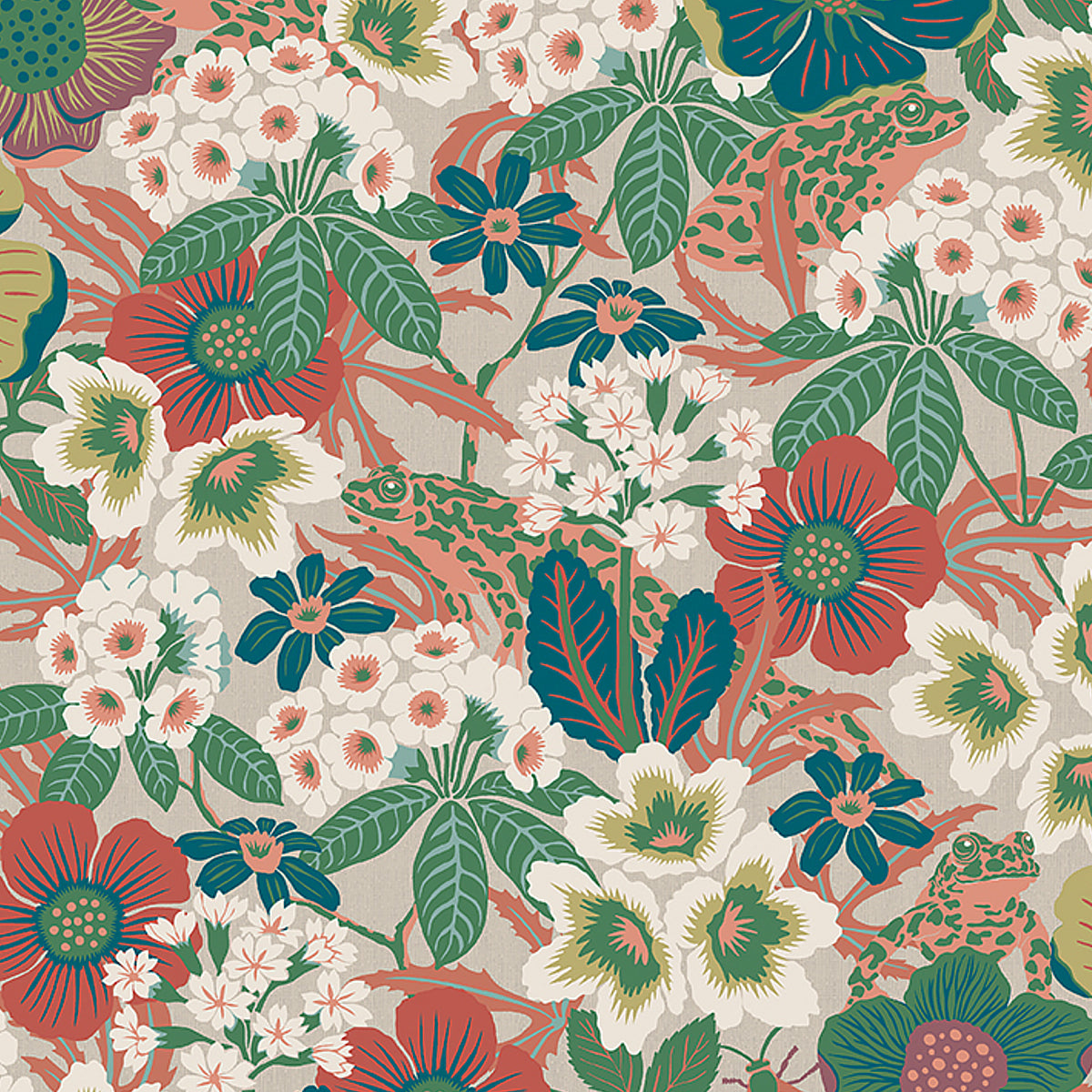Vibrant tropical floral fabric print with green leaves and red-blue flowers on beige background.