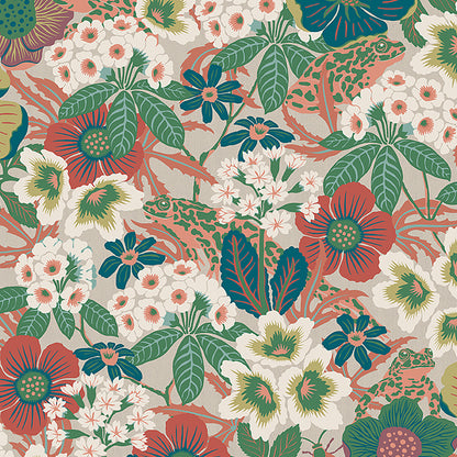 Vibrant tropical floral fabric print with green leaves and red-blue flowers on beige background.