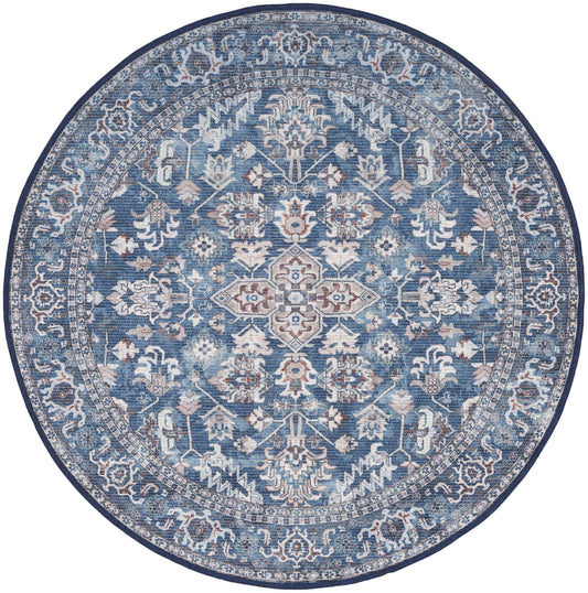 Round blue Persian-style rug with ivory floral medallion and ornate border patterns.