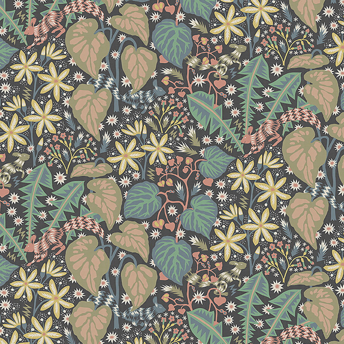 Dark navy tropical floral wallpaper mural with yellow star flowers, large teal and green leaves, and beige heart-shaped leaves.