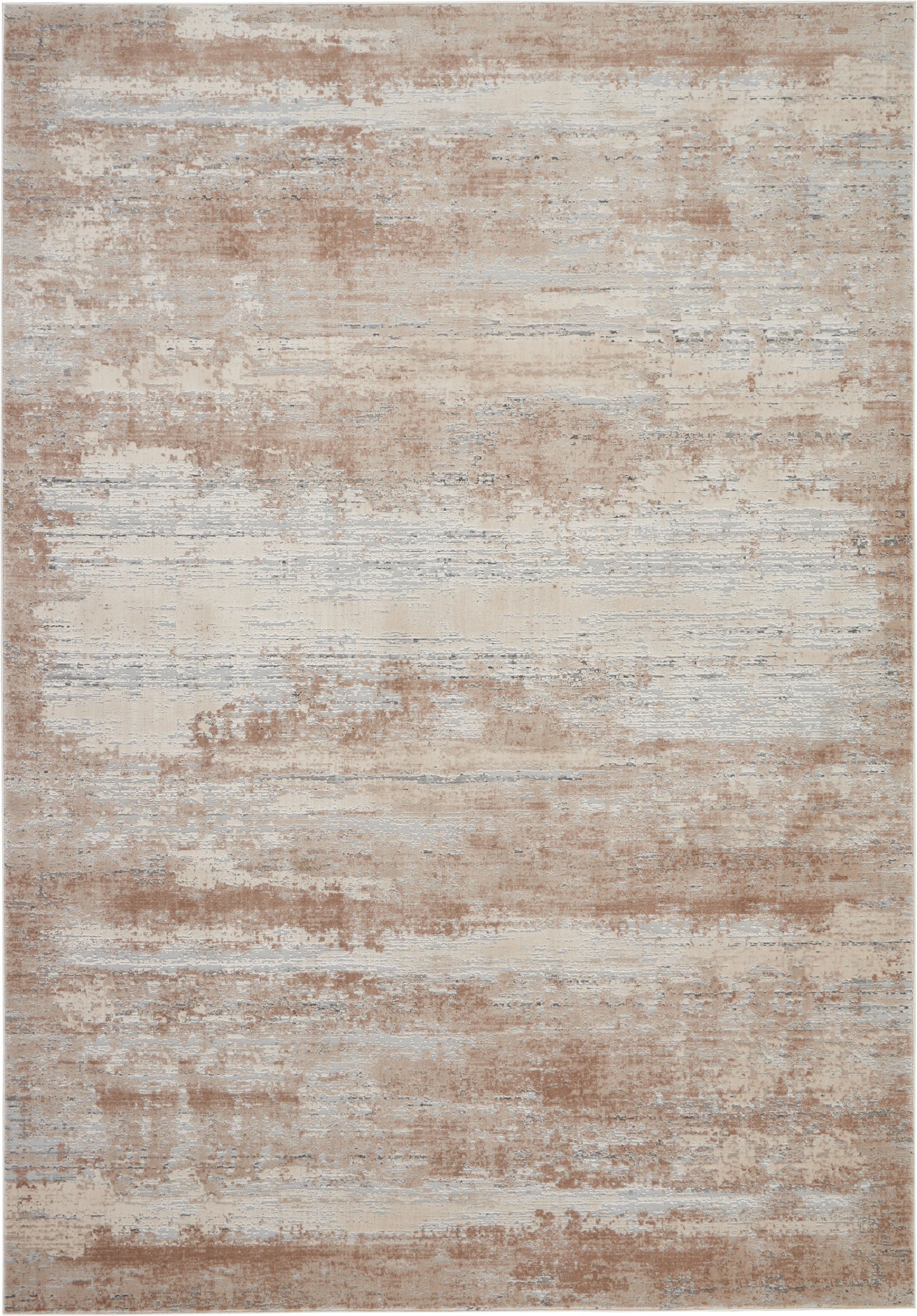 Abstract distressed beige and tan area rug with cream and light gray brushstrokes; modern, plush decor.