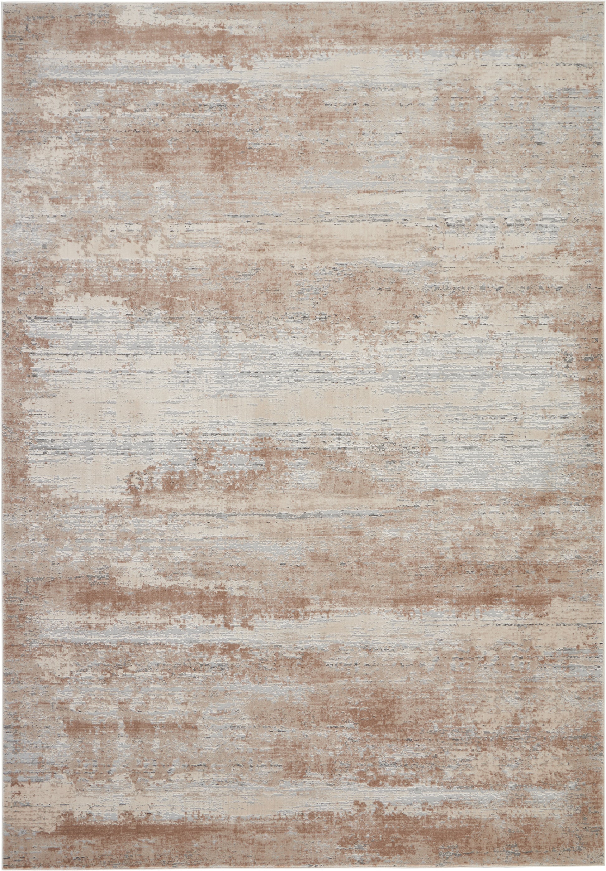 Abstract distressed beige and tan area rug with cream and light gray brushstrokes; modern, plush decor.