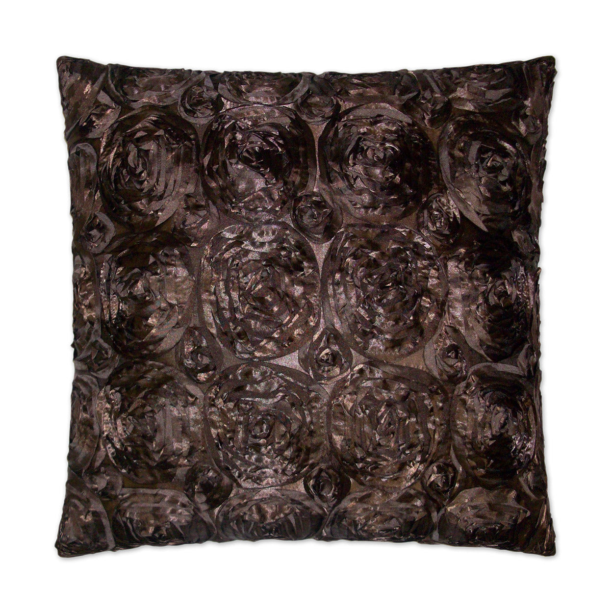 Dark brown square pillow with silk roses pattern.