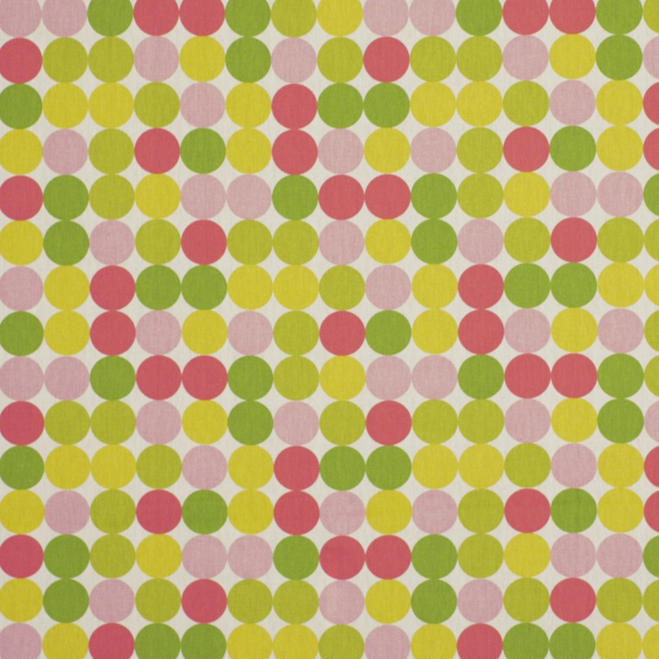 Repeating pastel polka dot fabric pattern with pink, yellow and lime green circles on a light beige background.