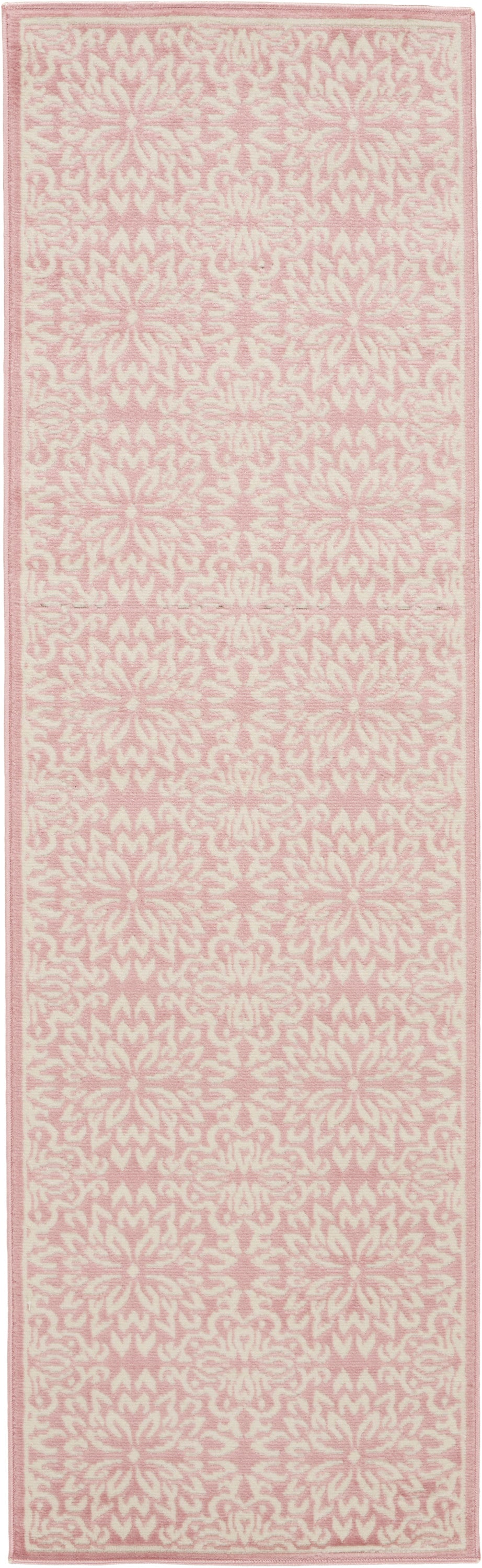 Pink and cream damask patterned rug runner with pale border, soft woven texture.