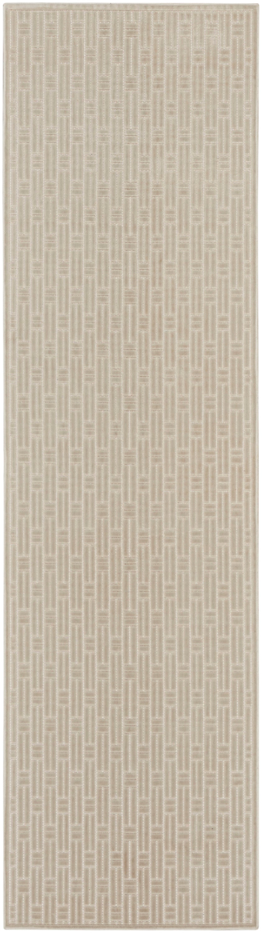 Beige textured rug with a repeating vertical geometric pattern in warm neutral tones; modern 6' runner.