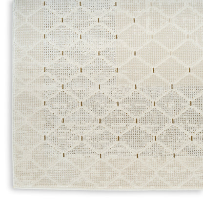 Cream rug with a subtle diamond lattice pattern and small gold accents; 9' x 12'.