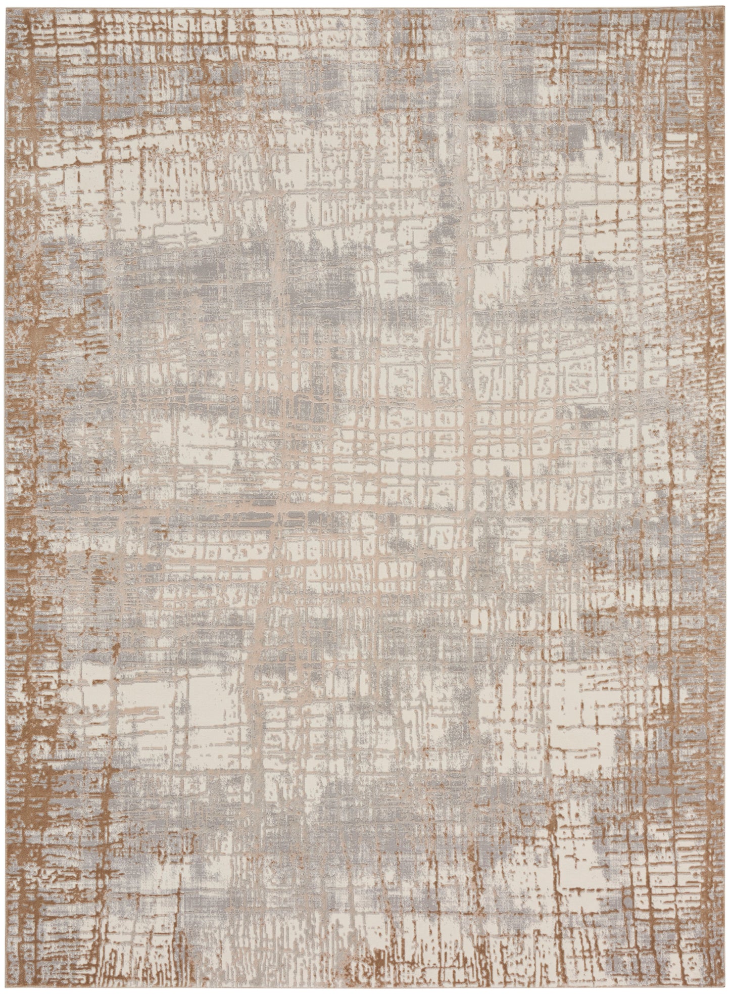 Abstract beige & taupe area rug with distressed grid pattern and soft gray accents