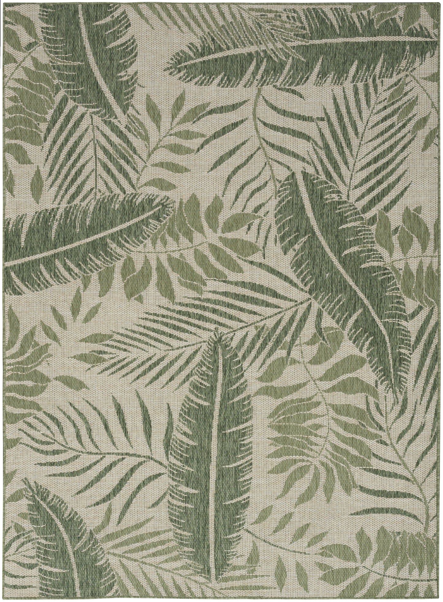 Woven rug with tropical palm leaf pattern in olive and sage greens on a beige backdrop.