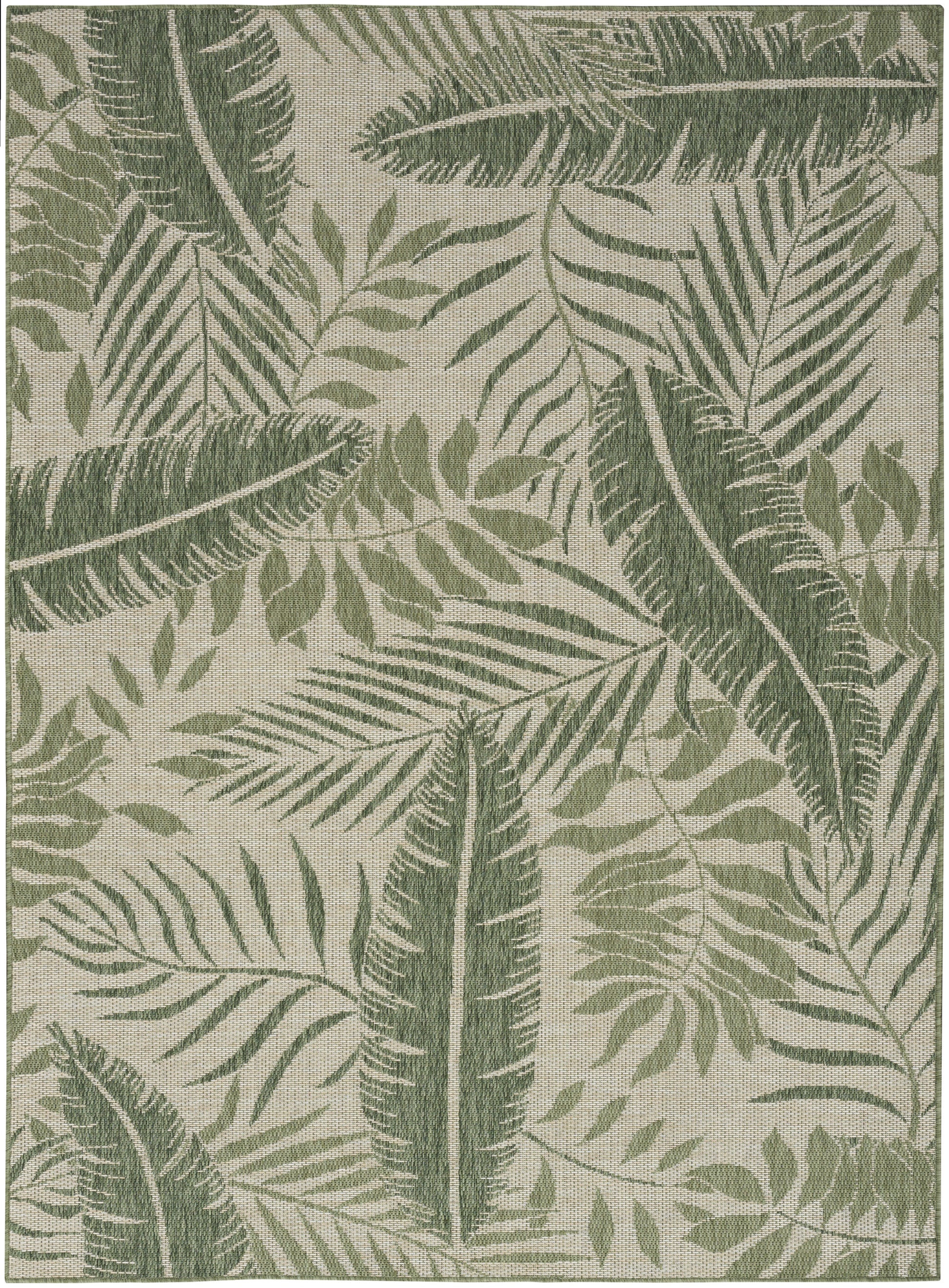 Woven rug with tropical palm leaf pattern in olive and sage greens on a beige backdrop.