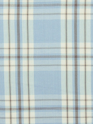 Light blue plaid upholstery fabric with cream and brown lines in a classic tartan pattern.
