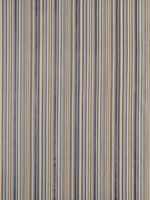 Vertical striped textile in blue, beige and tan tones; classic fabric for upholstery, drapery or cushions.