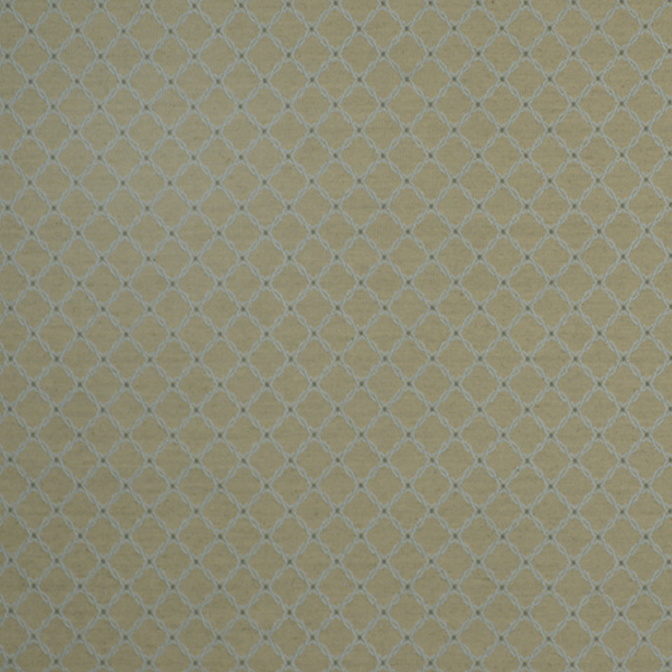 Beige chambray upholstery fabric with a pale blue diamond lattice pattern and subtle dotted accents.