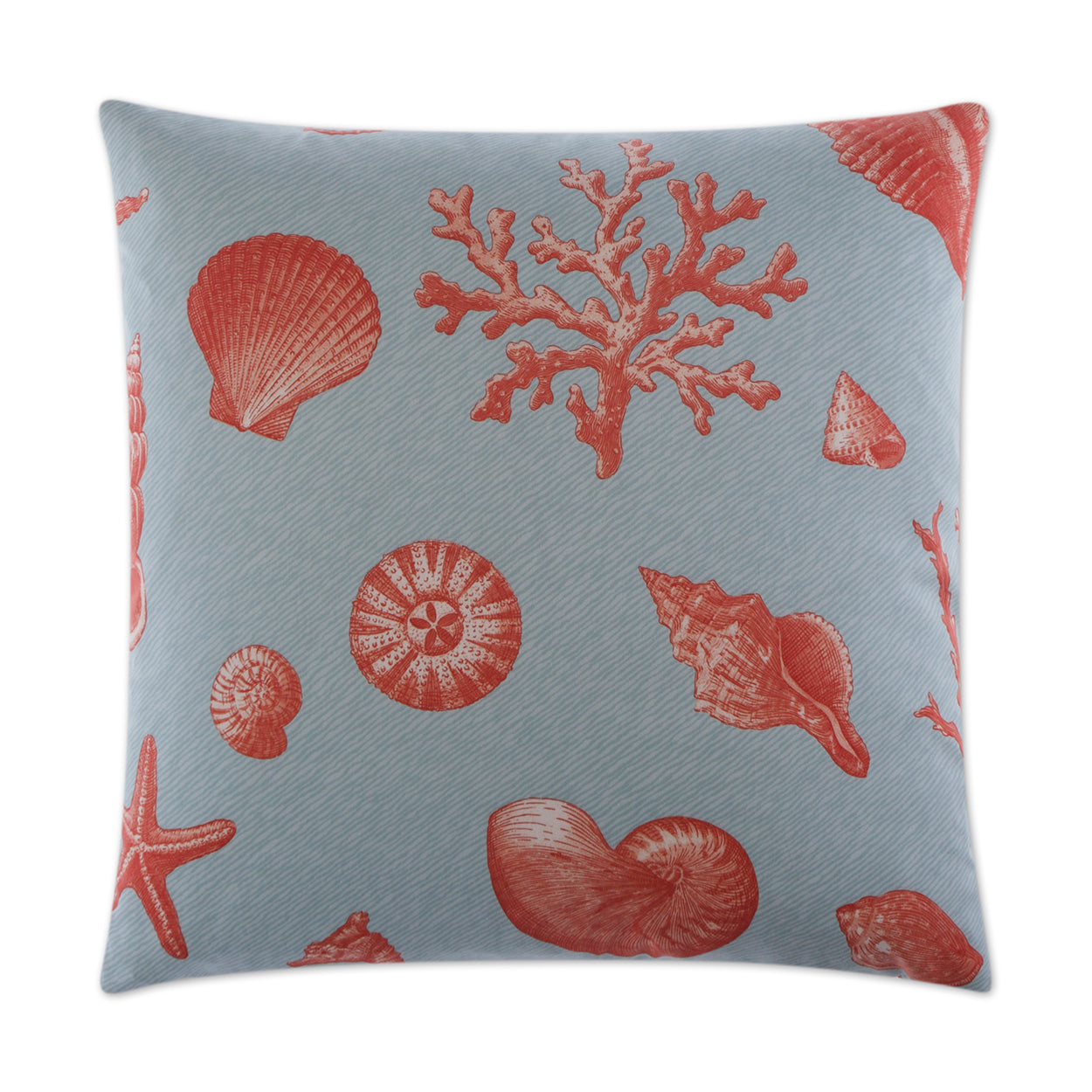 Square blue pillow with red marine life print - corals, shells and a starfish, coastal decor.