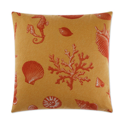 Gold Beach square decorative pillow with red seashells, coral and seahorse prints on soft fabric.