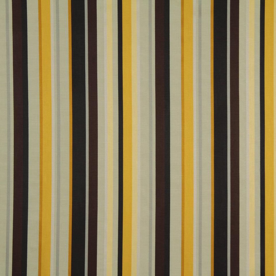 Vertical striped fabric in mustard yellow, black, olive, beige and gray tones; retro textile pattern.