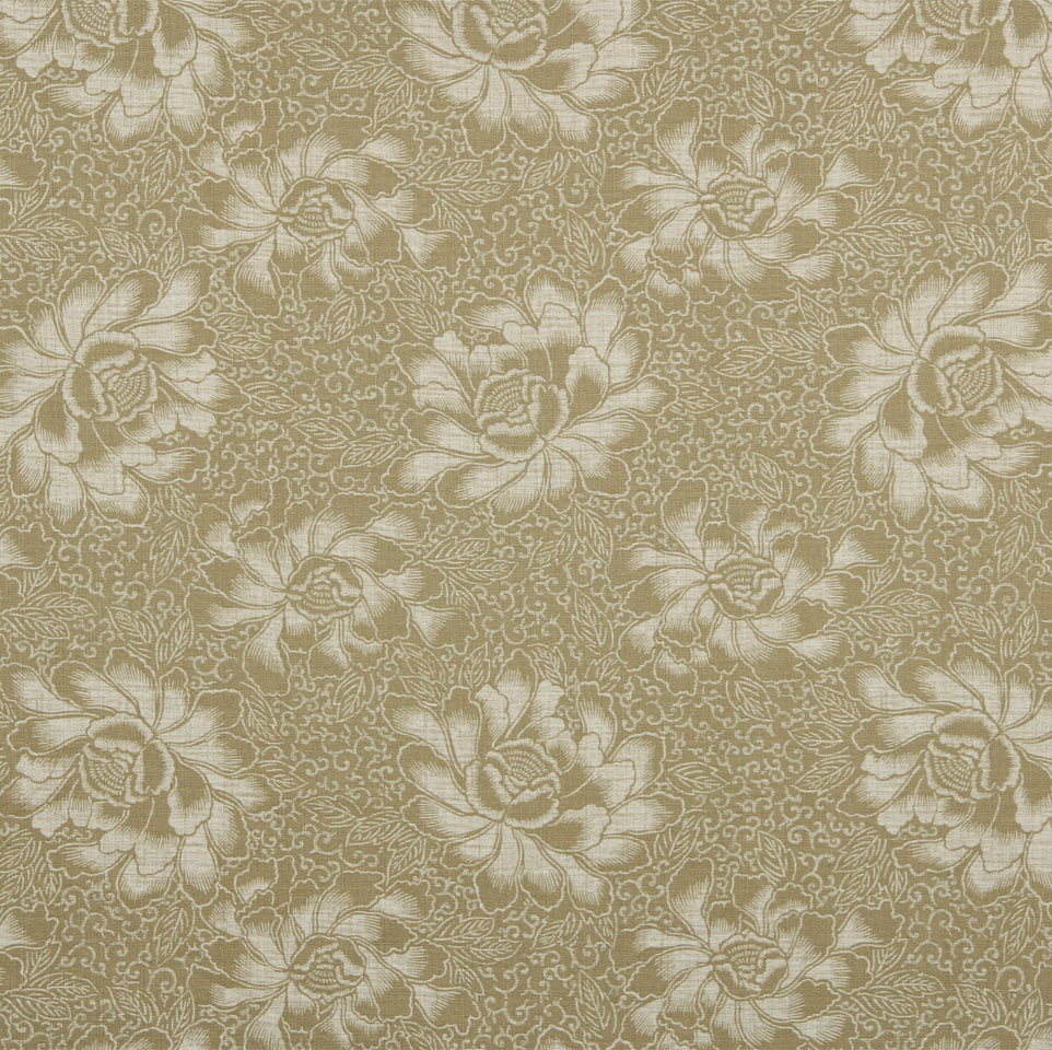 Beige damask floral fabric with large rose motifs and delicate scrollwork on a warm gold-beige background.