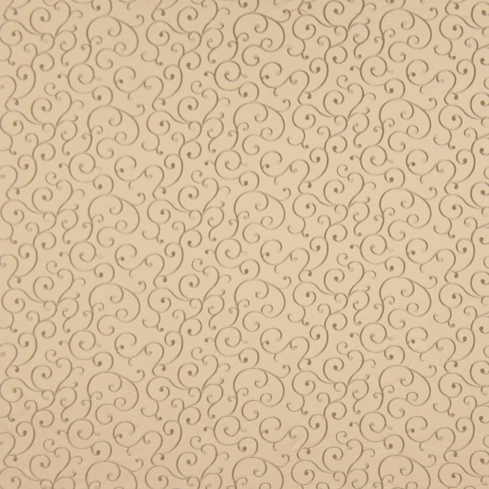 Beige wallpaper with a repeating brown scrolling vine pattern, elegant damask-style decorative backdrop.