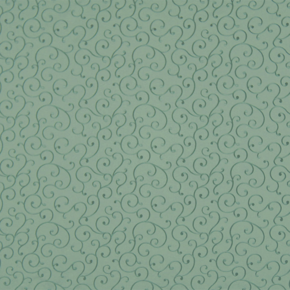 Mint green fabric with dark teal swirling vine pattern and decorative scroll motif.