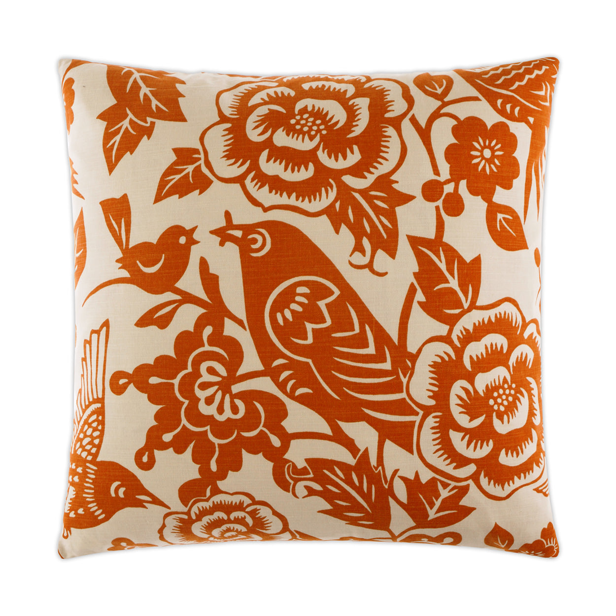 Square decorative pillow with bold tangerine floral and bird motif on cream background.