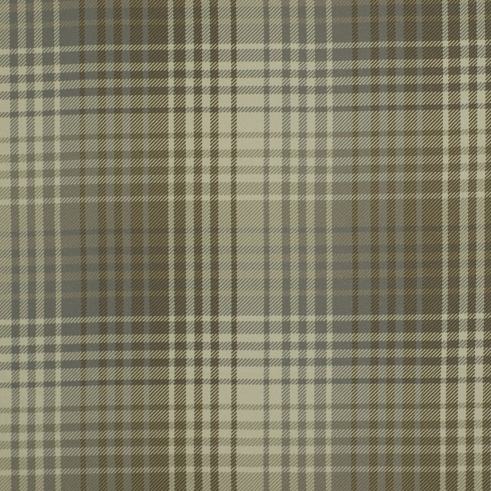 Pewter stone plaid upholstery fabric in a tartan-inspired pattern.