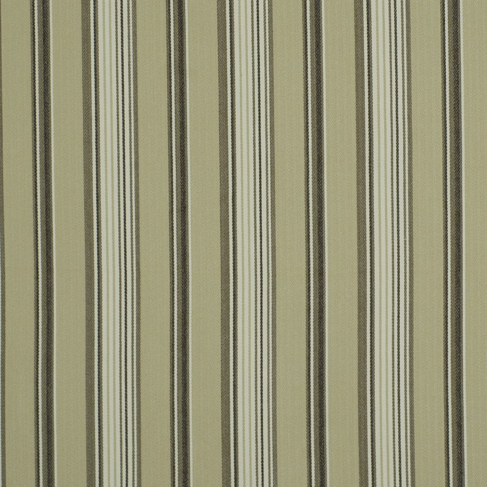 Olive & beige vertical striped upholstery fabric with alternating thin white and dark brown stripes.