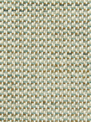 Close-up of teal & beige woven fabric with a tight basket weave texture.