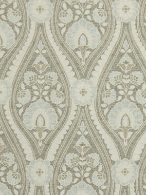 Damask upholstery fabric in ivory, taupe & pale blue with ornate floral medallions & vertical motifs.