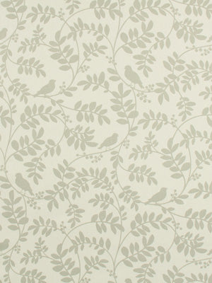 Taupe upholstery fabric with a beige background featuring sage-green leafy vines & small birds in a botanical toile pattern.