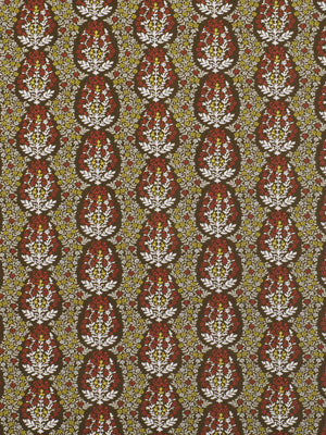 Damask fabric with maroon teardrop motifs and ivory floral details on olive background; ornate traditional textile.