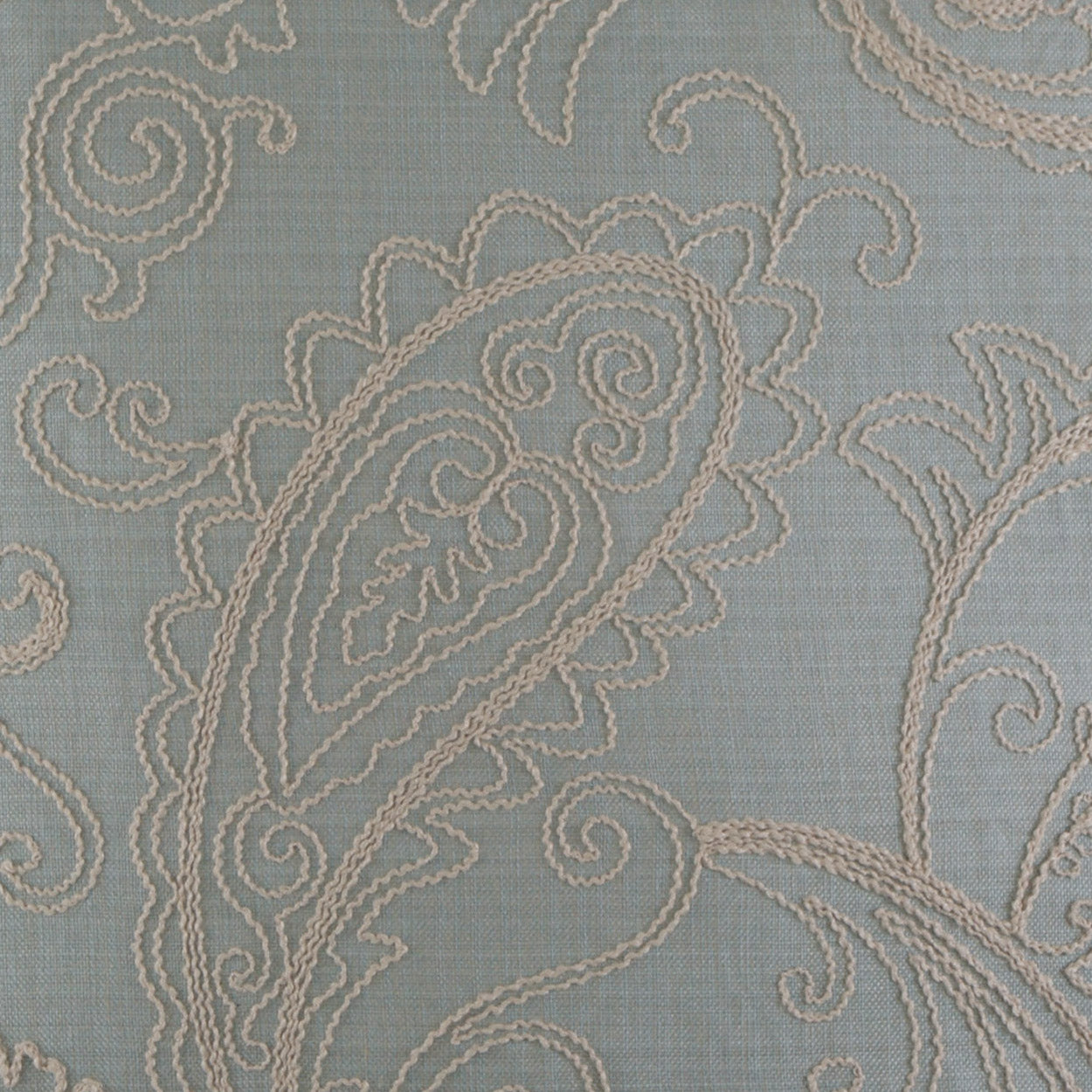 Light blue fabric with cream embroidered paisley and swirling scroll motifs on a textured surface.