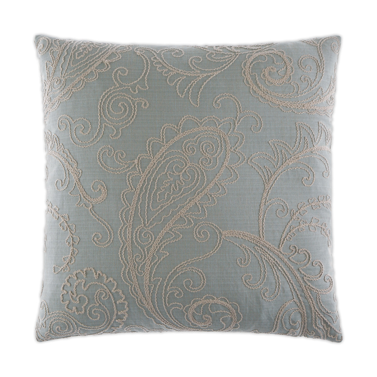 Blue-gray decorative pillow with cream paisley and swirl embroidery, square throw cushion.