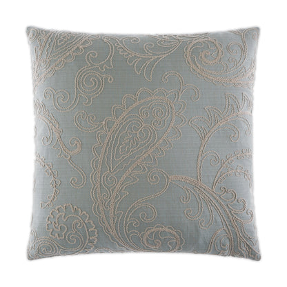 Blue-gray decorative pillow with cream paisley and swirl embroidery, square throw cushion.